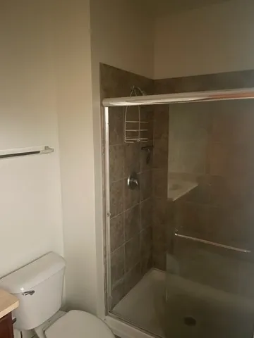 a bathroom with a shower and toilet