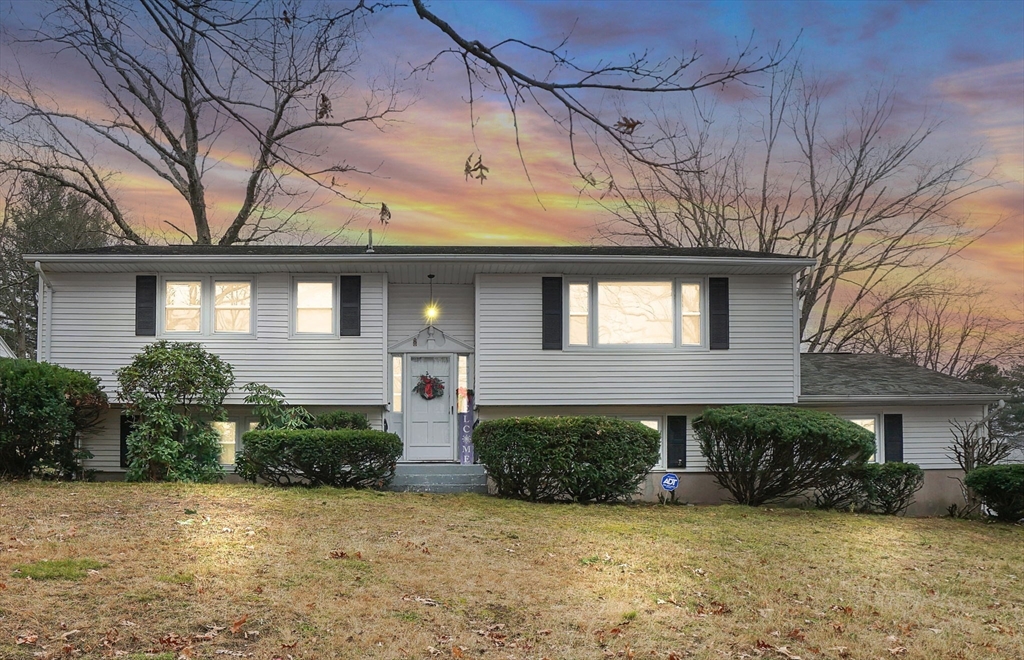a front view of house with yard and trees