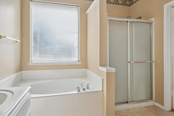 a bathroom with a bathtub and a shower
