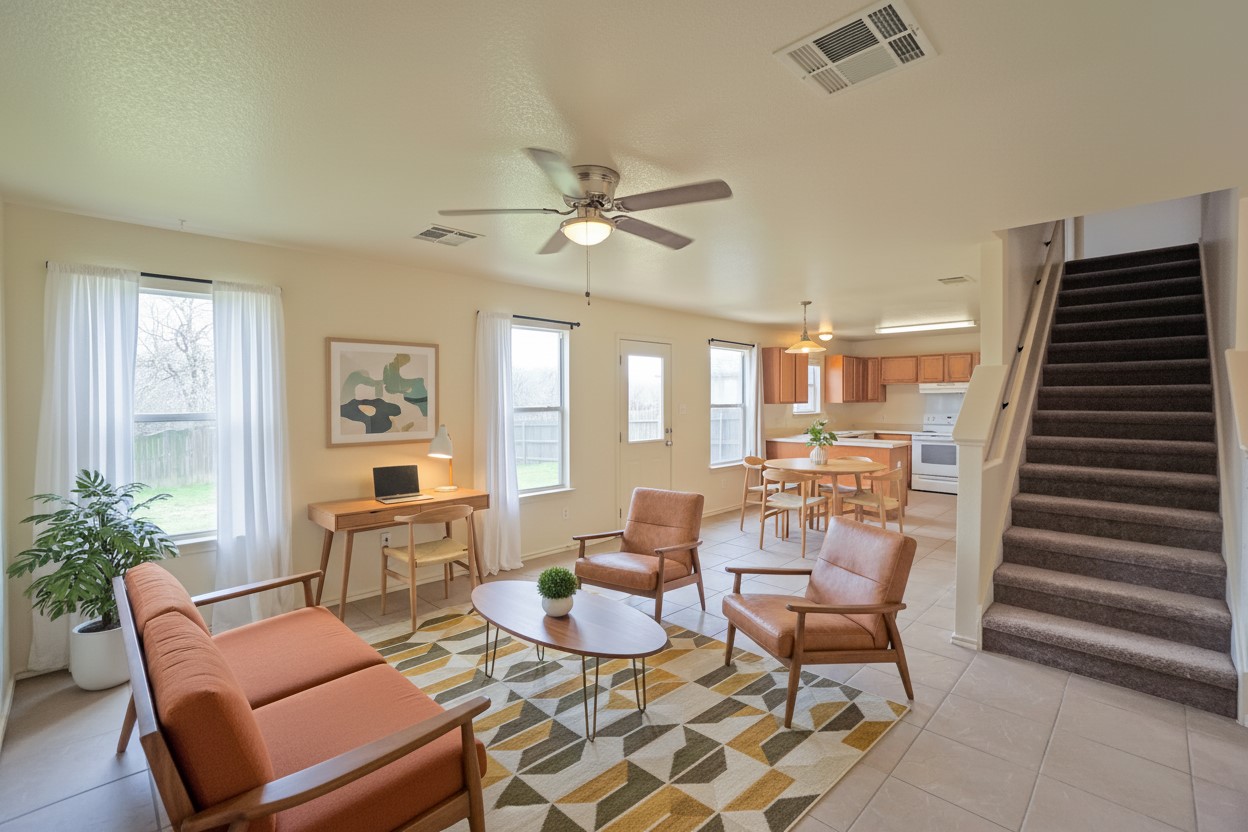 714 Lavaca Loop Elgin, TX 78621 - Photo 4 of 38 Living area featuring light tile patterned flooring, ceiling fan, and plenty of natural light