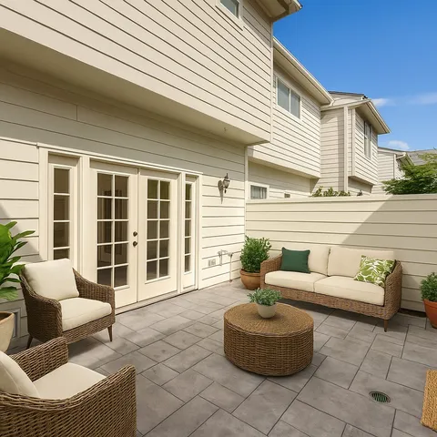 a living room with furniture and a potted plant