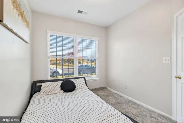 a bedroom with a bed a window and a rug