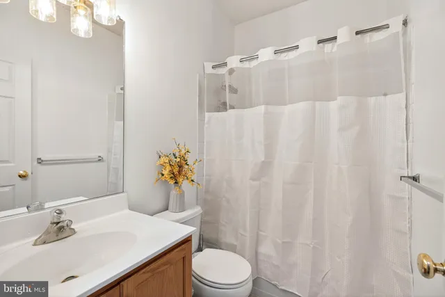 a bathroom with a sink a toilet and shower curtain