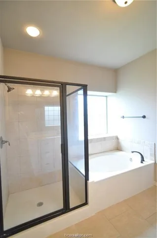 a bathroom with a bathtub and a shower
