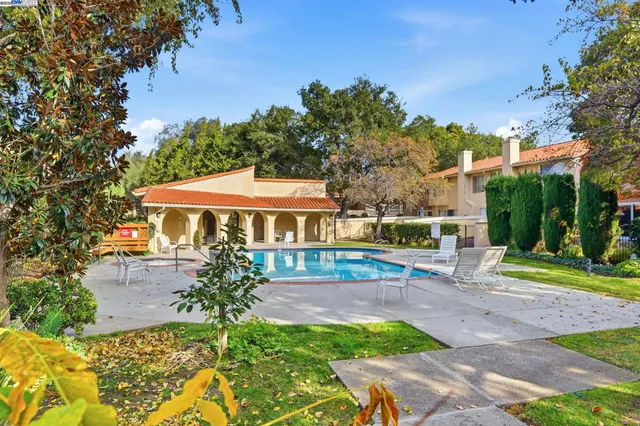 a garden view with a seating space