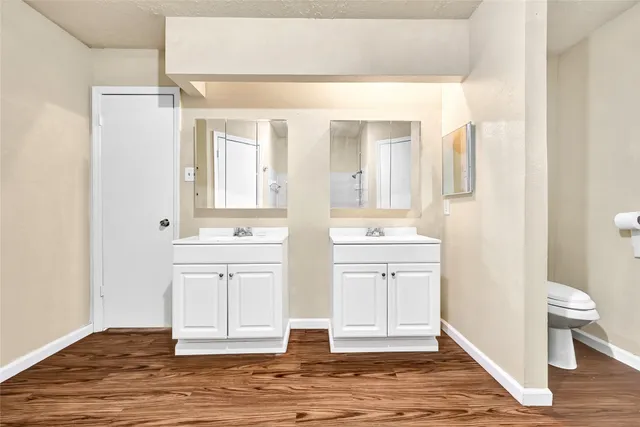 a bathroom with a sink a toilet and a mirror