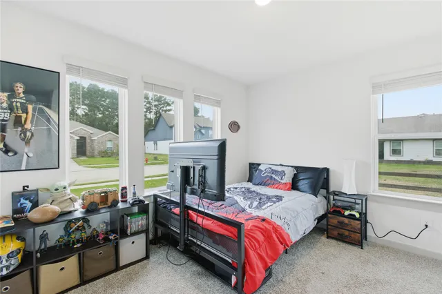 a bedroom with furniture and a fireplace