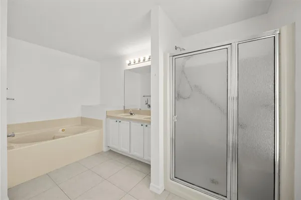 a bathroom with a tub shower vanity and a sink