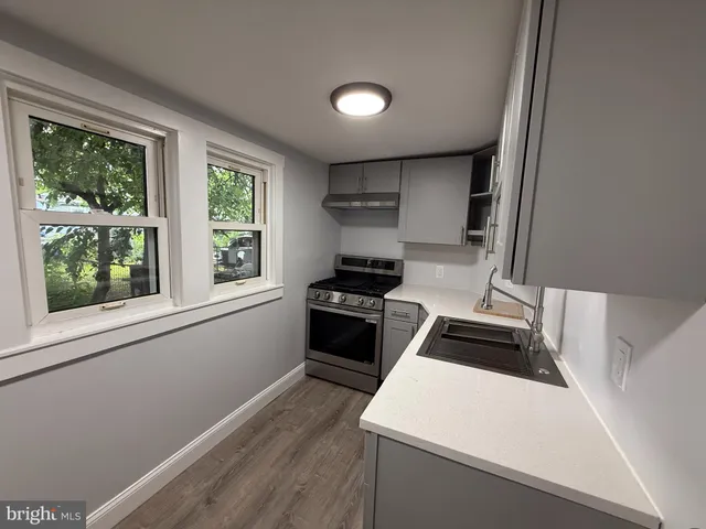 a kitchen with a refrigerator a stove top oven a sink and a potted plant