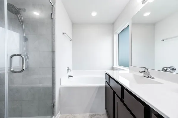 a bathroom with a bathtub sink a shower and a mirror