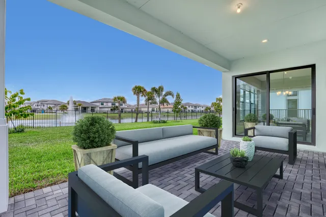 a building outdoor space with patio furniture