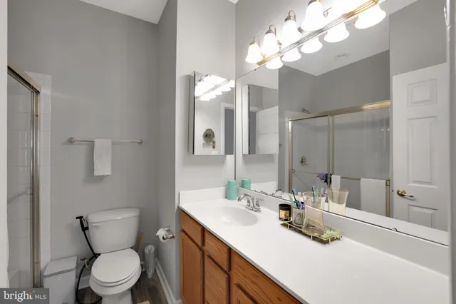 a bathroom with a toilet a sink a large mirror and vanity