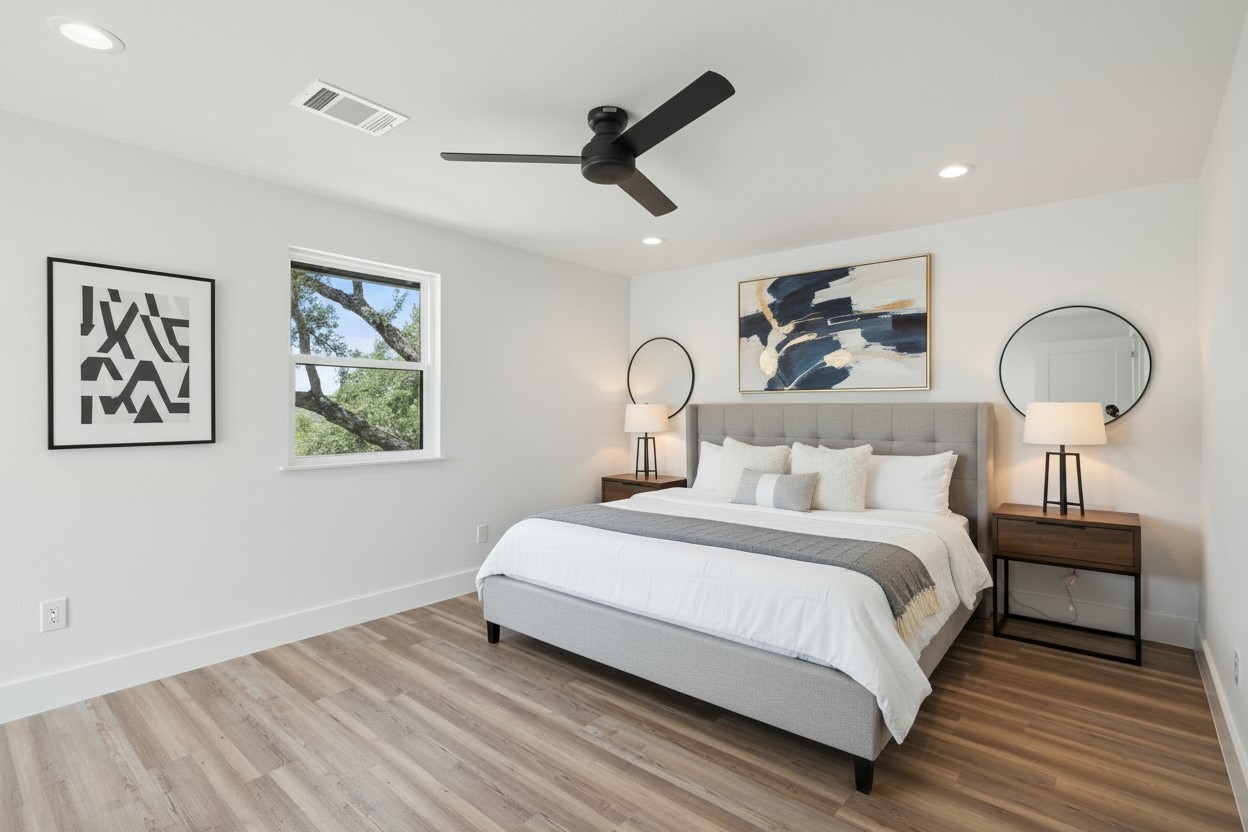 11151 Highway 71 Spicewood, TX 78669 - Photo 11 of 38 First Residence – Second bedroom showcasing light wood-finish flooring, recessed lighting, and a ceiling fan. *Photo has been virtually staged.