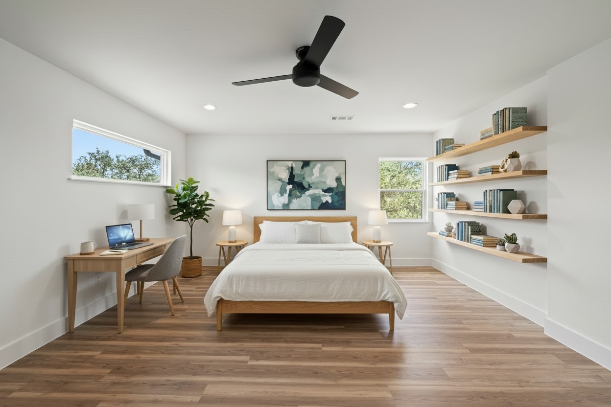 11151 Highway 71 Spicewood, TX 78669 - Photo 33 of 38 Third Residence - Bedroom featuring wood finished floors, a ceiling fan, and recessed lighting. Photo has been virtually staged.