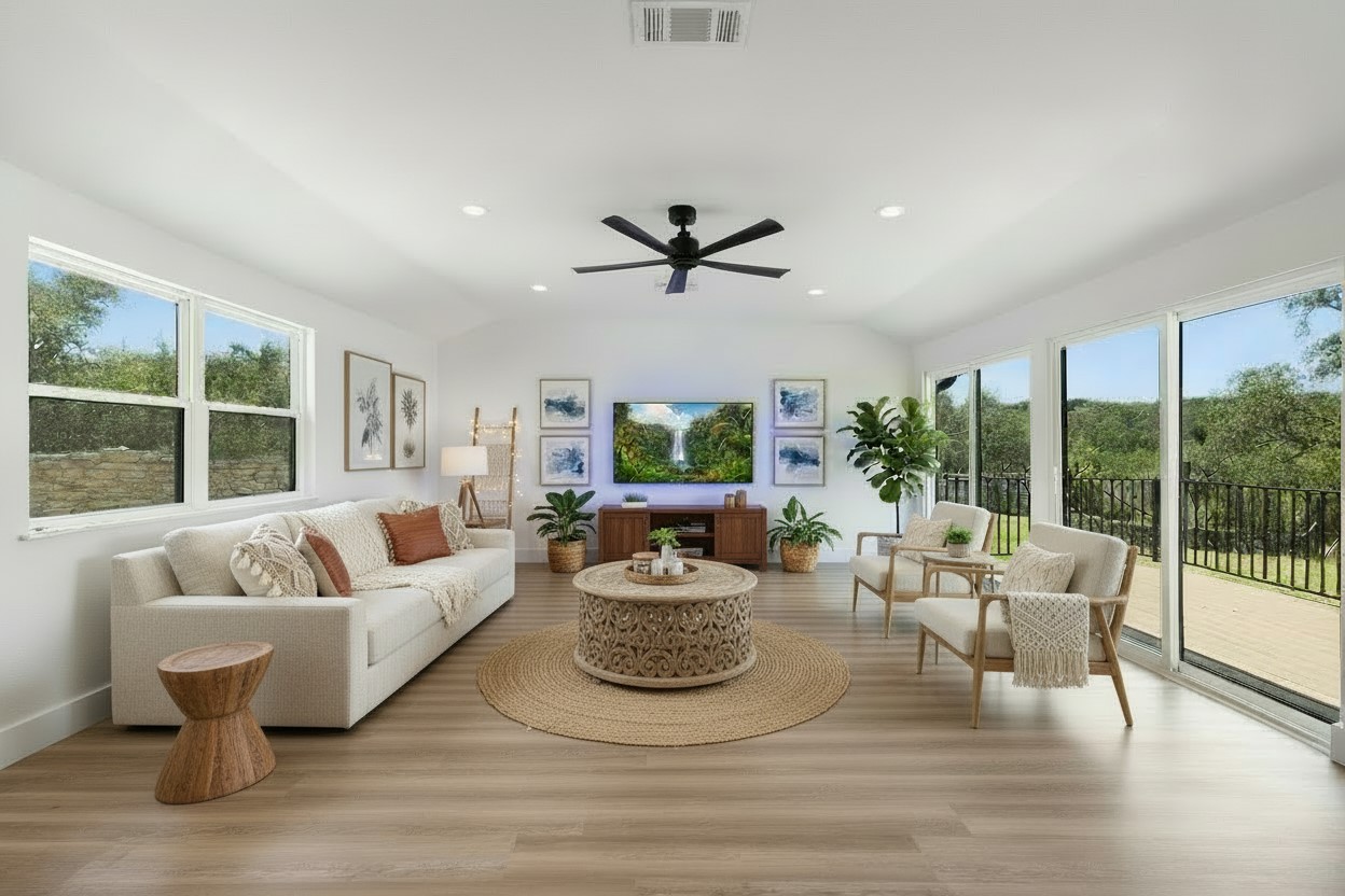 11151 Highway 71 Spicewood, TX 78669 - Photo 4 of 38 First Residence - Living room with expansive sliding glass doors opening to a private outdoor deck. *Photo has been virtually staged.