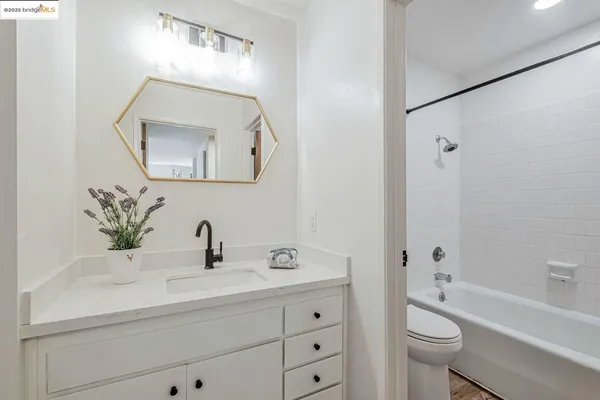 a bathroom with a toilet a sink a tub a mirror and vanity