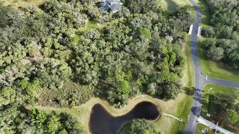 an aerial view of residential houses with outdoor space and trees