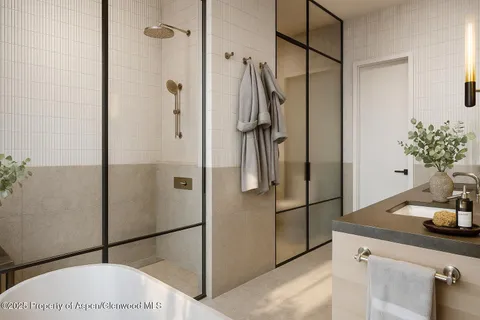 a bathroom with a shower and a sink