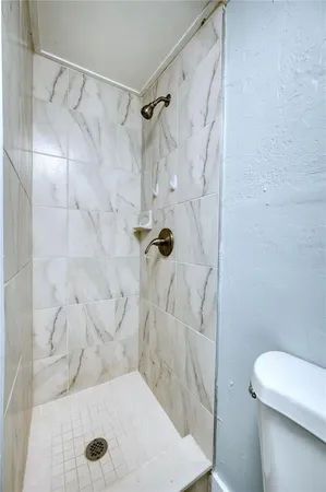 a bathroom with a shower and a toilet