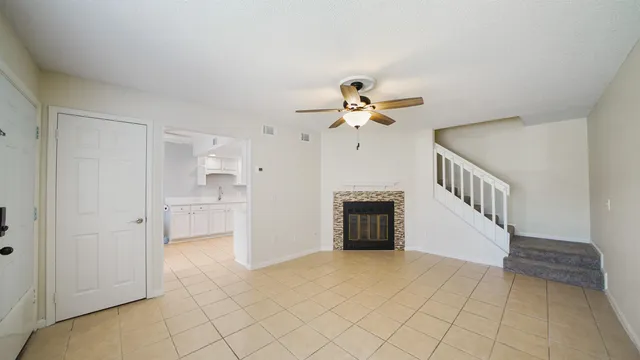 a view of a livingroom with a fireplace