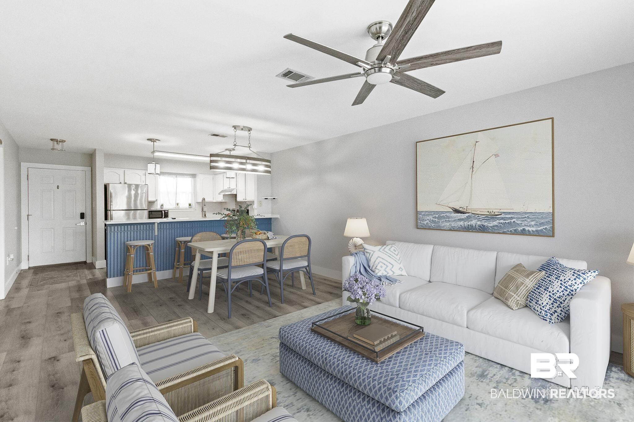 25861 Canal Road, Unit 77 Orange Beach, AL 36561 - Photo 11 of 48 Living area with wood finished floors and ceiling fan