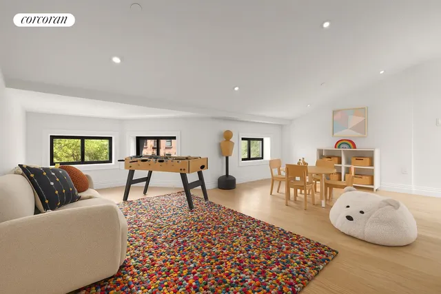 a living room with furniture and a table