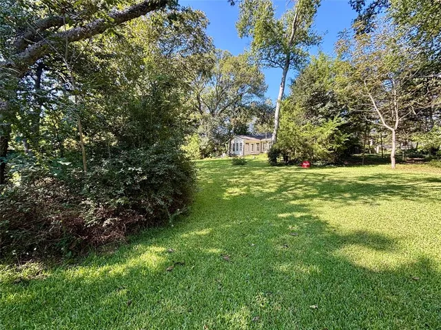 a view of a big yard with large trees