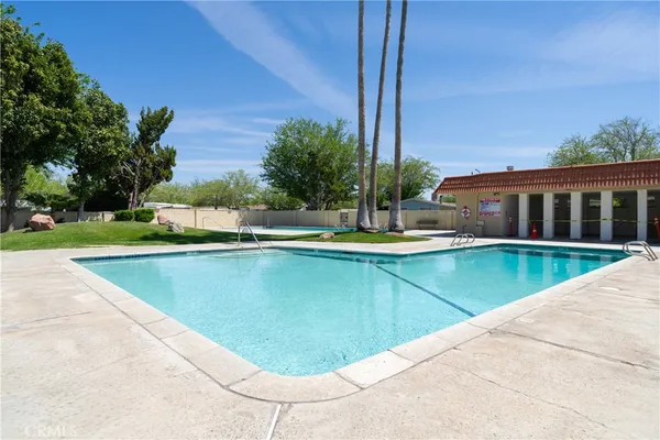a view of a swimming pool with a garden