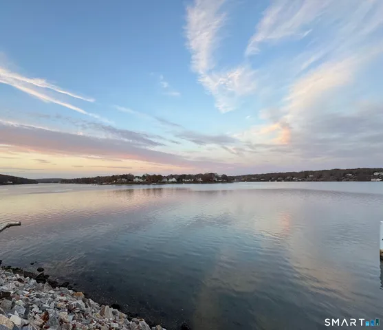 a view of a lake with houses in the back