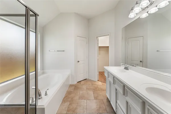 a bathroom with a tub sink and mirror