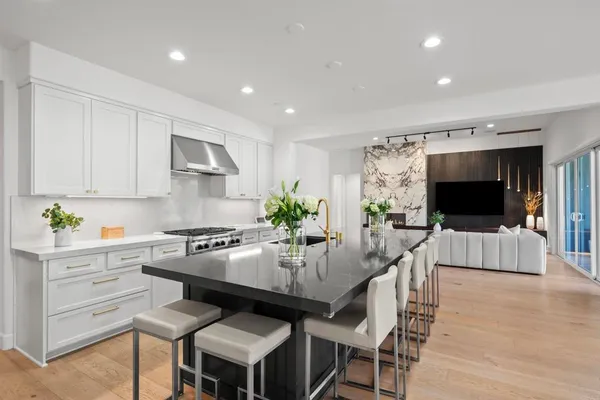 a kitchen with stainless steel appliances granite countertop a sink a counter top space cabinets and a potted plant