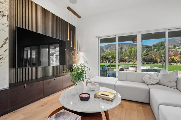 a living room with furniture and a potted plant