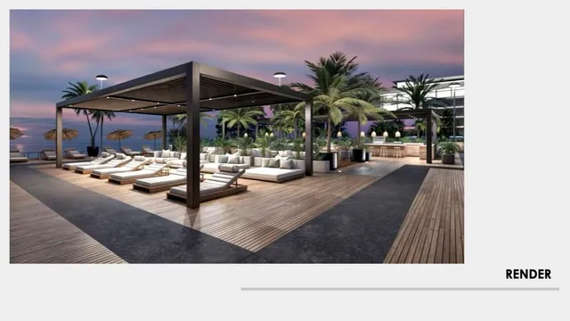 a view of swimming pool that has lawn chairs with plants