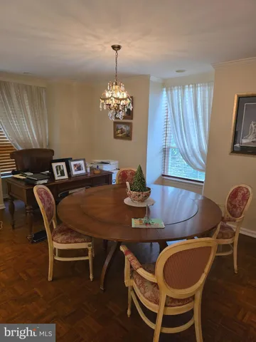 a view of a dining room with furniture