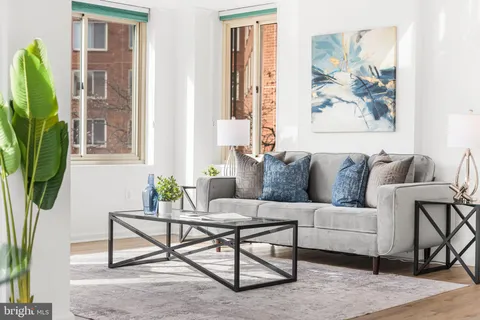 a living room with furniture and a potted plant
