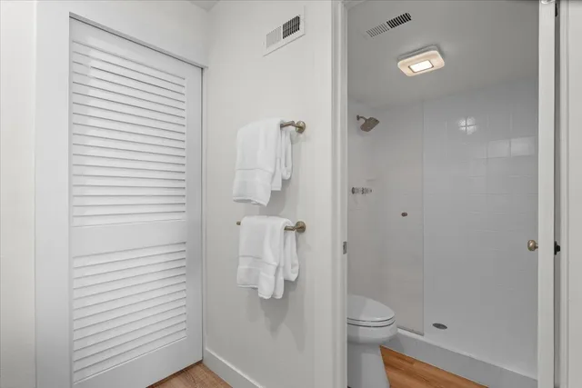 a bathroom with a shower and toilet