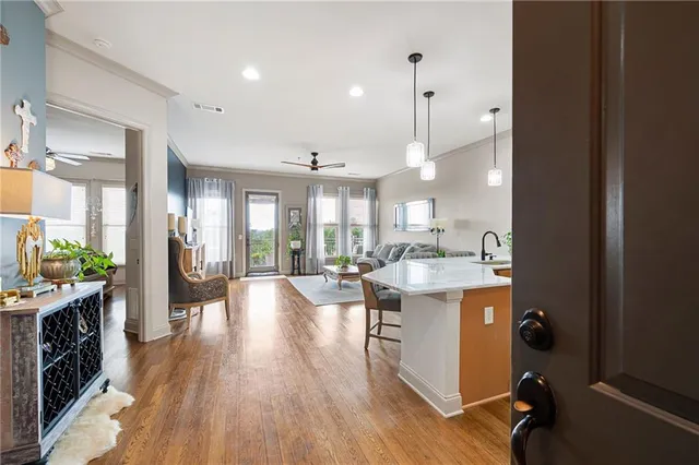 a view of a kitchen and dining room