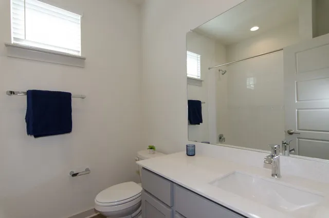 a bathroom with a sink a toilet and mirror