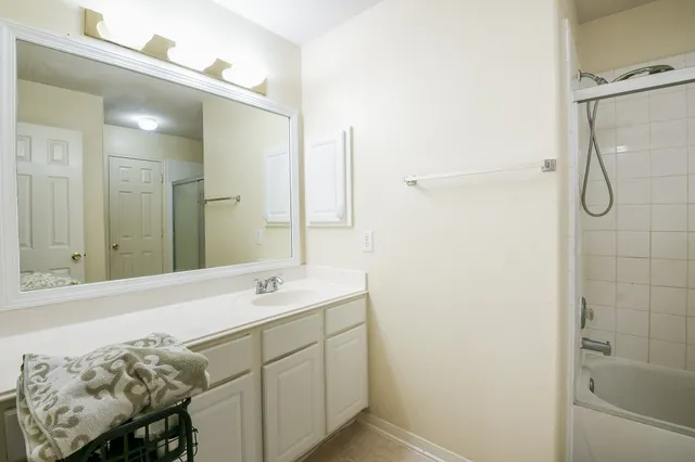 a bathroom with a shower sink and mirror