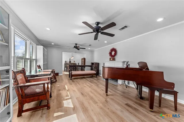 a living room with furniture a rug and a potted plant
