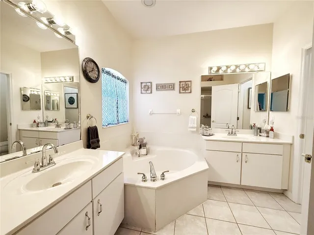 a bathroom with a tub sink and mirror