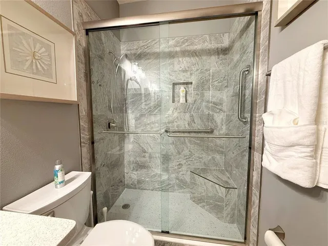 a bathroom with a shower and toilet