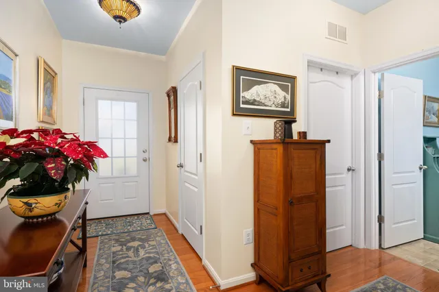 a hallway with painting and a potted plant