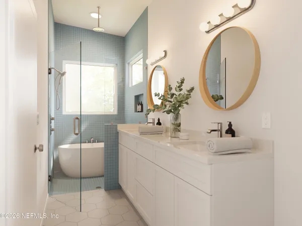 a bathroom with a sink double vanity and a mirror