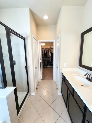 a bathroom with a sink a mirror and a shower