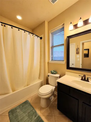 a bathroom with a sink a toilet and shower curtain