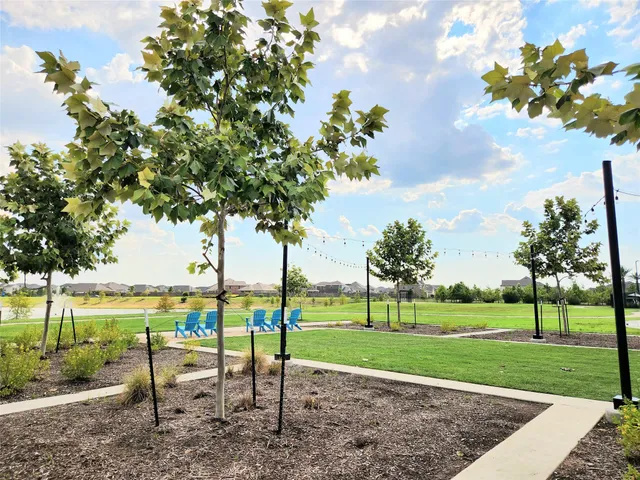 a view of swimming pool with a garden and trees