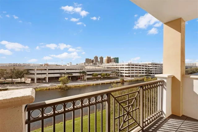 a view of a balcony with city view