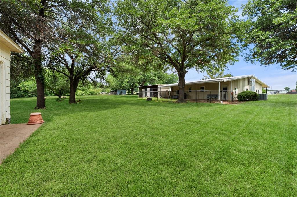 126 Smallwood Court Springtown, TX 76082 - Photo 4 of 24 Expansive grassy back yard lawn surrounded by mature trees, featuring a light-colored exterior building with a covered porch and fenced enclosure