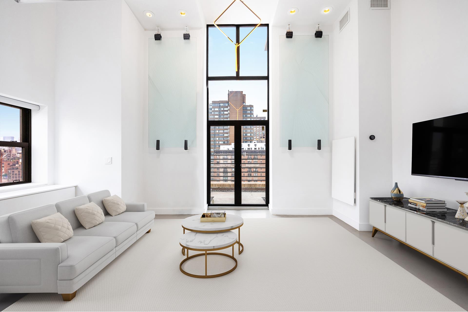 135 West 70th Street, Unit 10C Manhattan, NY 10023 - Photo 3 of 24 a living room with furniture and a flat screen tv